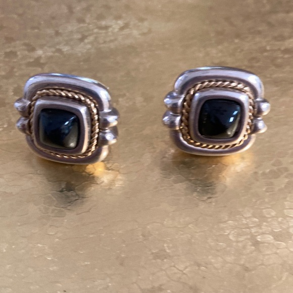 Authentic Tiffany, black onyx sterling silver with 18k gold roping post earrings - Picture 3 of 5